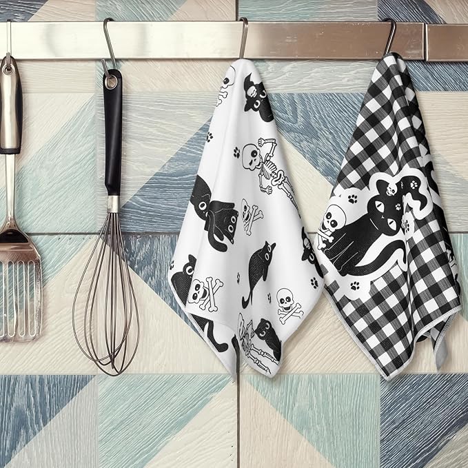 Bencailor 6 Pcs Skull Kitchen Towels Cute Black Cat Skeleton Dish Hand Towels Skull Tea Washcloth for Bathroom Kitchen Gothic Horror Decor Gifts 24 x 16''
