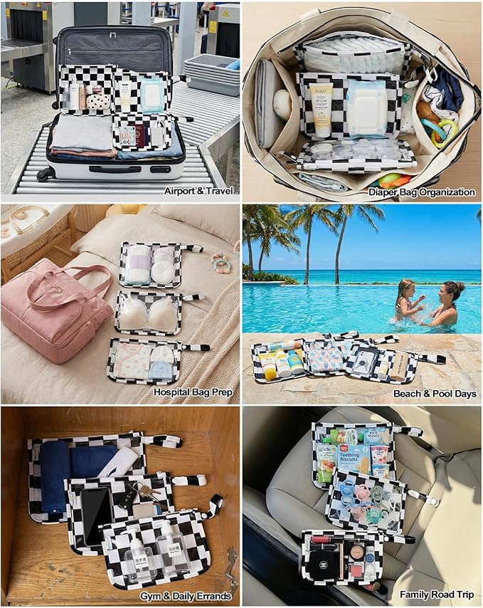 babygoal Clear Travel Organizer Bags 3 Pack, TSA Approved Mess-Proof Pouches with Snap Handle, Water-Resistant Toiletry Essentials for Baby & Mom (Black Plaid)