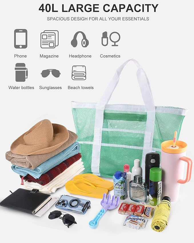 Genteen 40L Mesh Beach Bag, Foldable Sandproof Tote with Waterproof Pocket Quick Dry for Women Family Pool Vacation(White