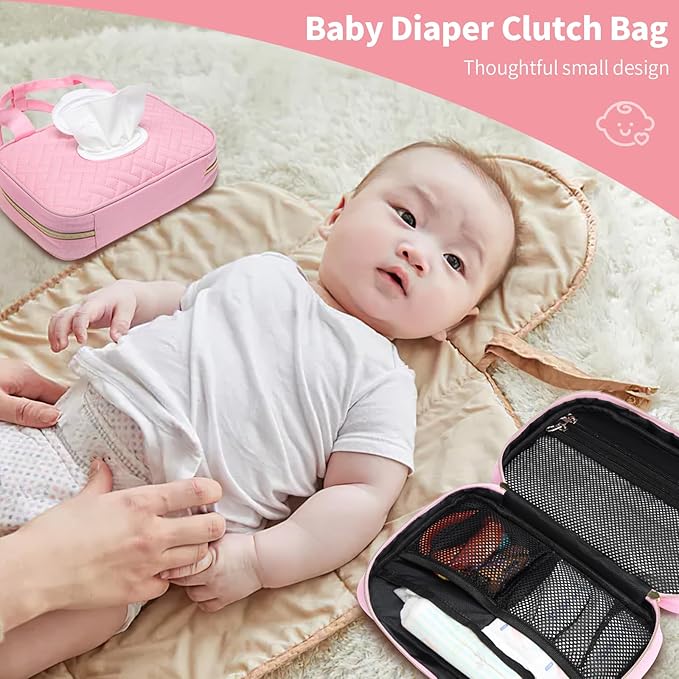 Diaper Bag Organizer with 2 Pieces Wipes Dispensers, Portable Stroller Mini Diaper Bag Pouches Travel Gear, Foldable Newborn Baby Essentials, Small Clutch, PInk