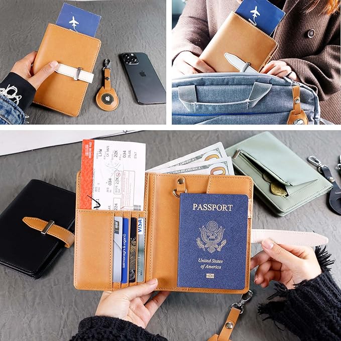 Deziliao Passport wallets, Mulit-purpose RFID Blocking Passport Holder AirTag Wallet, Travel Wallet Cover Case(Brown)