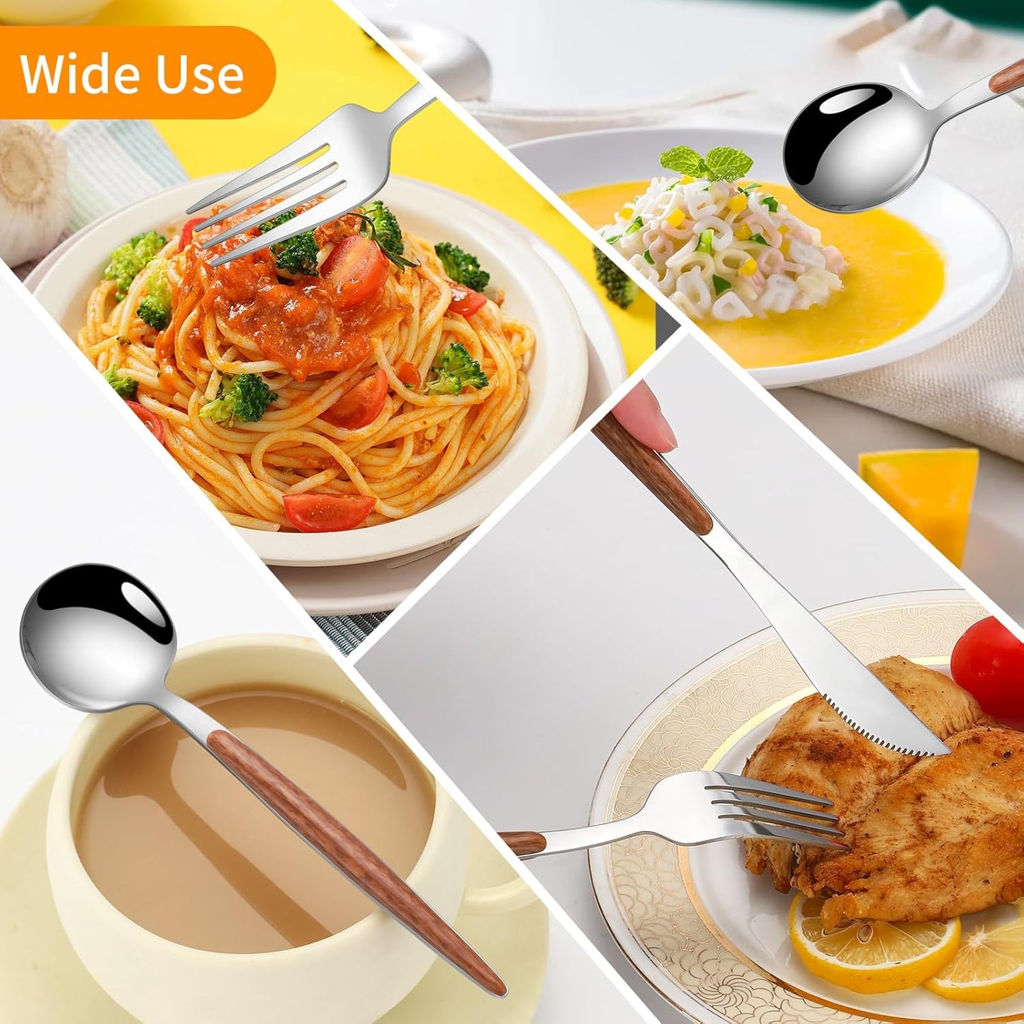 16 PCS Silverware Set for 4,Stainless Steel Flatware Cutlery Eating Utensils Set with Wood Grain Handle,Steak Knives Forks and Spoons for Home,Party,Mirror Polished and Dishwasher Safe