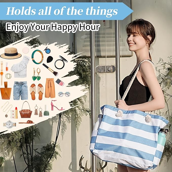 Clothirily Beach Bag for Women - Large Beach Tote Bag, Waterproof Sandproof Beach Bag with Zipper, Large Swim Pool Beach Tote