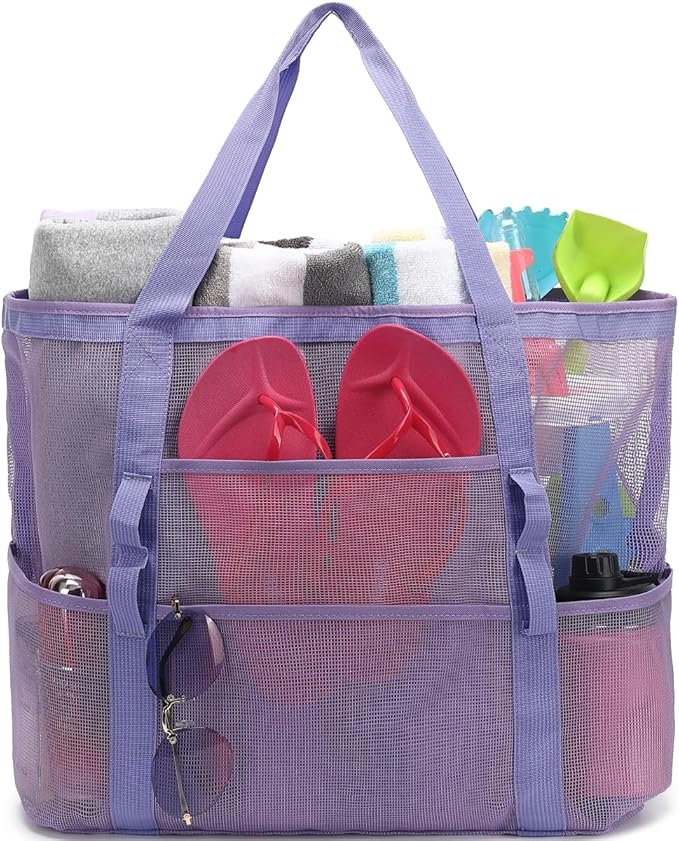 Mesh Beach Bag with Zipper, Large Beach Tote for Women, Toys Pool Swim Bag Travel Vacation Cruise Essentials