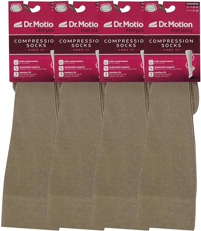 Dr. Motion Compression Knee High Socks for Women - 4 Pairs Pack