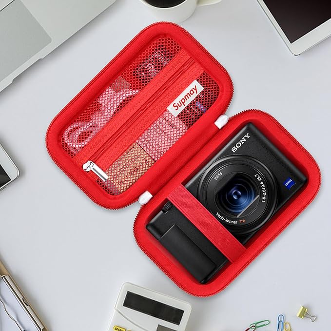 Hard Travel Case for Sony ZV-1F / ZV-1 / ZV-1 II Digital Camera, Storage Holder Travel Bag with Zipper Mesh Pocket for Battery Pack, Charging Cable, USB Card, Black, Red