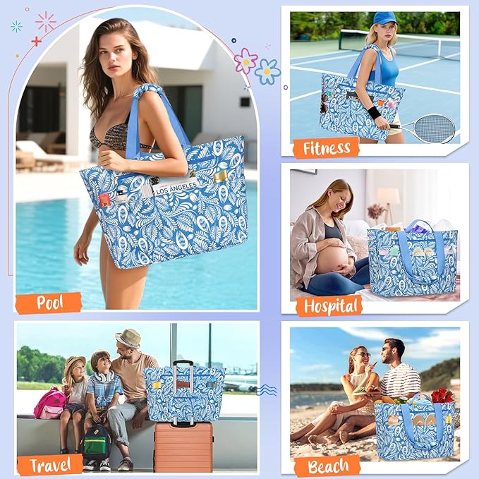 BKNOOU Extra Large Beach Bags Waterproof Sandproof XL Beach Tote Bag for Women Zipper Foldable Swim Pool Bag with Wet Pocket