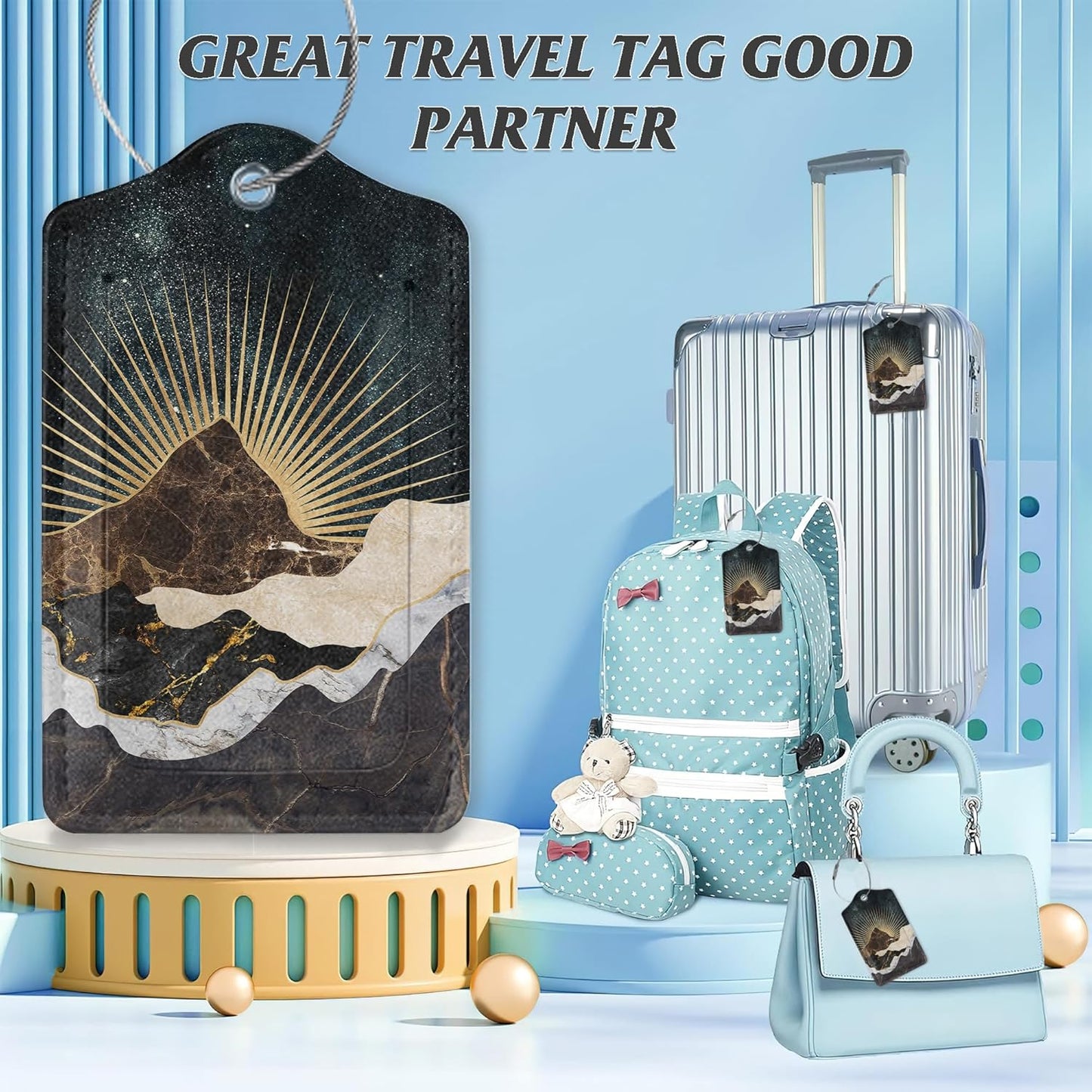 3 Pack Luggage Tag for Suitcase,Abstract Golden Mountain Leather Luggage Tags with Privacy Cover Name ID Label Identifiers Travel Bag Tags for Women Men Boys Girls