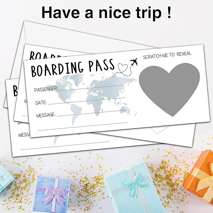 AWSICE Scratch Surprise Boarding Pass, 1 Set Make Your Own DIY Travel Ticket, Surprise Reveal Card for Holiday, Christmas, Wedding, Birthday, Anniversary, Party Supply(3.5"x8" Silver)-A005