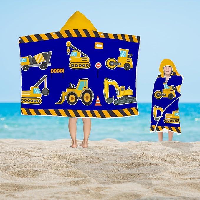 Excavator Hooded Beach Towel for Boys, Soft & Absorbent Truck Excavator Poncho Towel, 30”x50” Construction Truck Bathrobe for Kids Cool Cartoon, Quick Dry Swim, Pool, and Bath Time