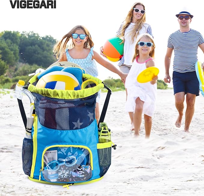 Drawstring Backpack Sandproof - Mesh Backpack Beach Bag with Shoe Compartment - Swim Bag for Beach, Pool - Pool Bag with Pockets for Toiletries - Wet Bag for Swimsuit - Summer Camp Essentials
