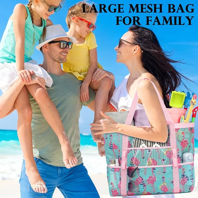 Mesh Beach Bag, Large Beach Tote with Zipper Pocket, Toys Pool Bag for Family Travel Vacation Cruise Essentials