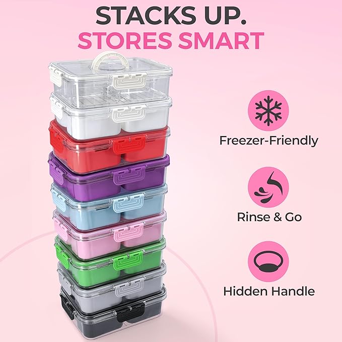 Snackle Box Container with Lid- Travel Charcuterie Box with Handle - Organizer for Candy, Fruit, Nuts, Veggies, Snacks, Beach Essentials, Portable Lunch Box (Pink, Small)