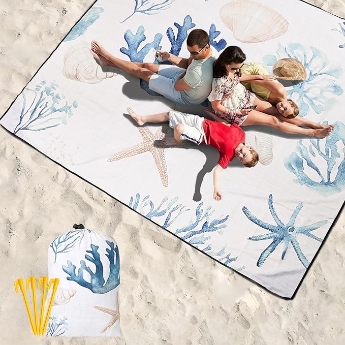 Beach Blanket Waterproof Sandproof Beach Mat 79" X 83"/10'x9'for 2-8 Adults Quick Drying Outdoor Picnic Mat Beach Accessories for Travel, Camping, Hiking