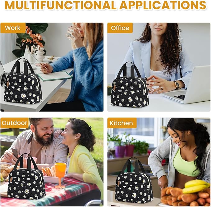 Insulated Lunch Bag for Women, Portable Lightweight Lunch Box for Adults, Reusable Small Lunch Tote Cooler Bags with Front Zipper Pocket for Work School Picnic(Black-Floral)
