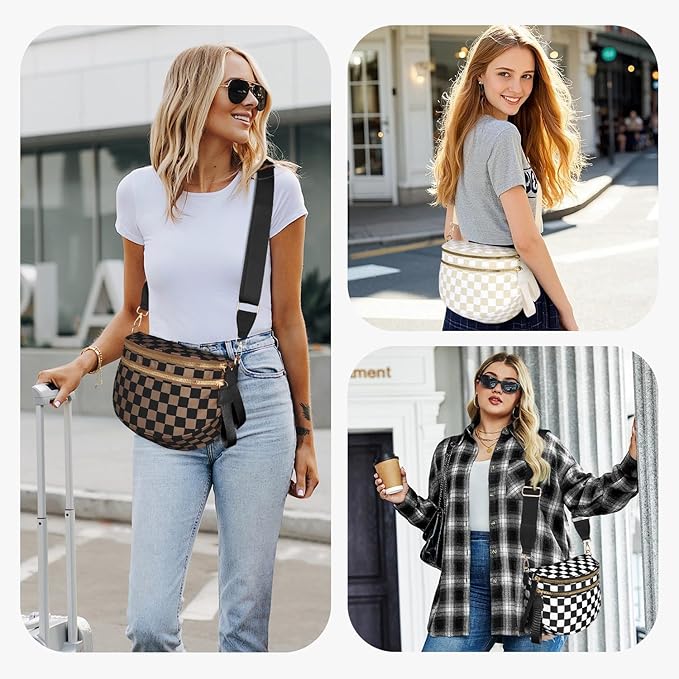 Spacious Nylon Checkered Crossbody Bum Bag for Women, Fashion Checkerboard Fanny Pack Purse with Anti-theft Pocket, Adjustable Wider Strap Wasit Bag (Black-White)