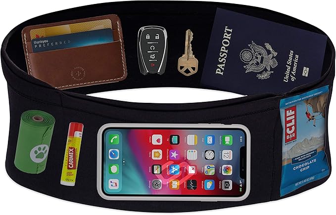 Sporteer VersaMax Anti-Theft Running Belt - Secure Double-Flap Waist Pack - Fits All Mobile Phones - Pickpocket-Proof Travel Money Belt & Medical Device Holder - Premium Nylon Spandex (Black, Large)