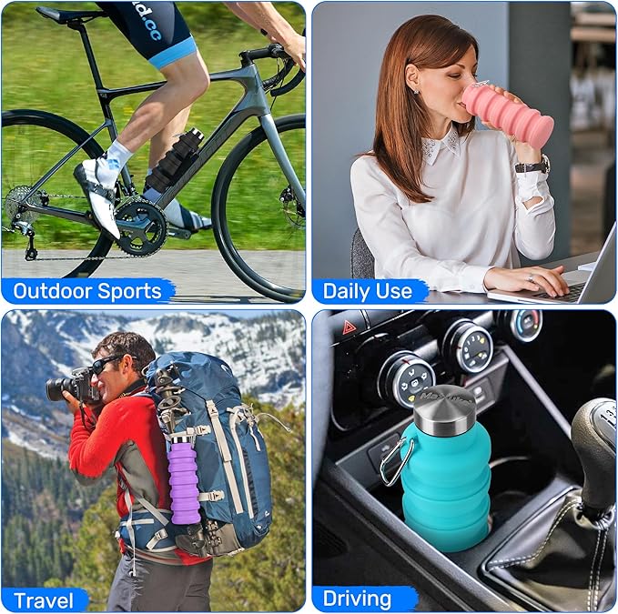 Collapsible Water Bottle, 16oz Portable Reusable Silicone Water Bottle, BPA-Free Leak-Proof Foldable Design with Carabiner, Lightweight Durable for Gym, Travel, Camping, Hiking, Sports, Light Blue