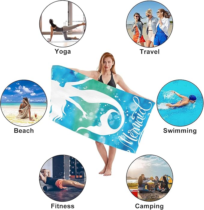 Microfiber Beach Towels,Watercolor Mermaid on Blue Green Sea Water Oversized Absorbent Bath Towels,Soft Quick Dry Thin Camping Towel for Adults Women Men,29.5"×59"