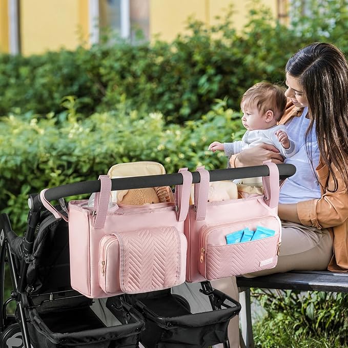 Double Stroller Caddy Compatible with Bob Duallie,Baby Jogger City Mini Gt2 and Zoe Twin V2,Double Stroller Parent Console with Cooler Bag and Cup Holder,Pink