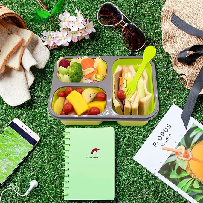 2 Pack Big Size Collapsible Silicone Bento Lunch Boxes With Lids Spoons Forks,3 Compartments, Divided Lunch Food Storage Containers, Safe in Microwave, Dishwasher and Freezer, 45.6oz, BPA Free
