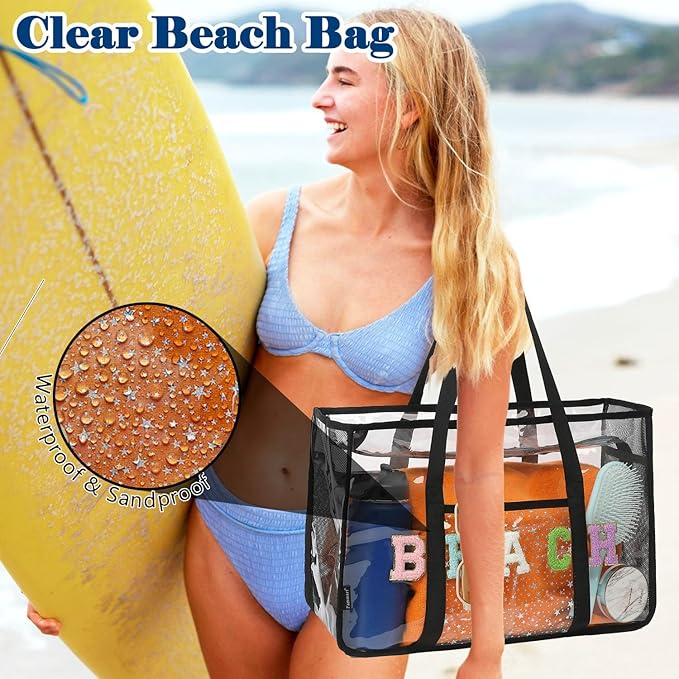 Clear Beach Bag for Women, Large Pool Tote Cruise Vacation Essentials - Zipper Closure, Waterproof, Sandproof
