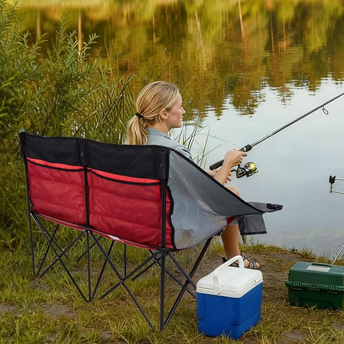 Double Camping Chair Outdoor 2-Seater Oversized 2 Person Portable Folding Lawn Chair with Cup Holders & Mesh Storage Pocket for Picnic, Camping, Beach, Sports, Hiking
