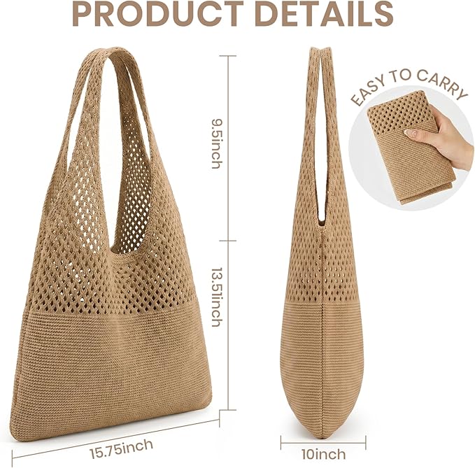 SUOSDEY Crochet Mesh Beach Tote Bag, Knit Summer Vacation Aesthetic Boho Tote Bag for Women