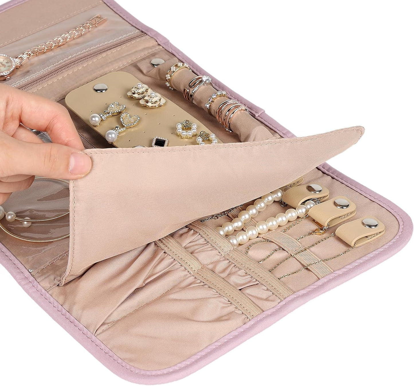 BELALIFE Travel Jewelry Case Organizer, Foldable Storage Roll for Earrings, Necklaces, Rings, Bracelets, Brooches, Peach Pink