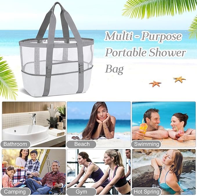 Hillban Large Beach Mesh Bags Bulk for Women Beach Tote Bag with 8 Pocket Zipper Waterproof Sandproof for Pool Cruise Ship