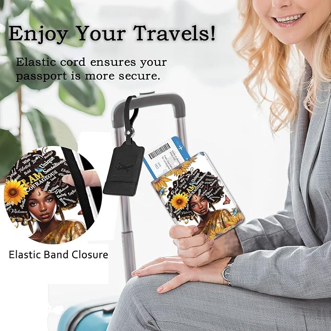 Passport Holder Women Wallet with Luggage Tag, Leather Passport Cover with RFID Blocking, Travel Accessories Multi Card Slot Passport Case for Men,African American Women Sunflower Butterfly