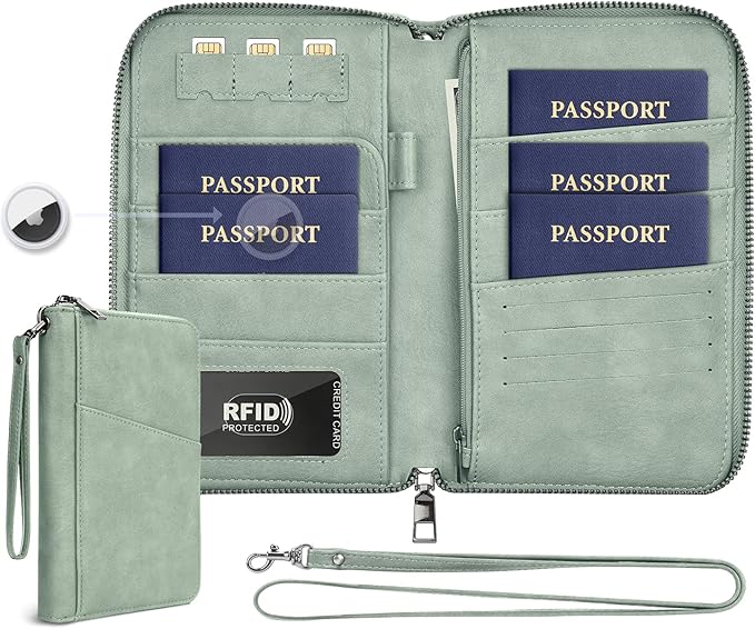 Family Passport Holder Wallet RFID Travel Document Organizer for Women Men, Portable Case Cover for Cards, Boarding Pass with Wrist & Neck Double Strap, Travel Christmas Gifts (Apricot, 1pack)