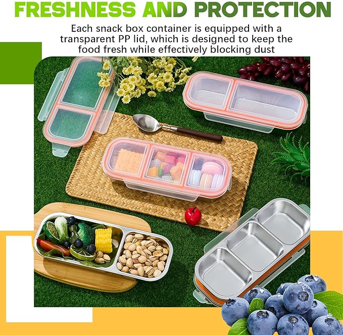 4 Pcs 304 Stainless Steel Lunch Containers Bento Boxes 38oz Salad Multipurpose with 3 and 2 Compartments Winter Party Reusable Large Box with Lids Divided Containers for Snack Dip Sandwich (Orange)