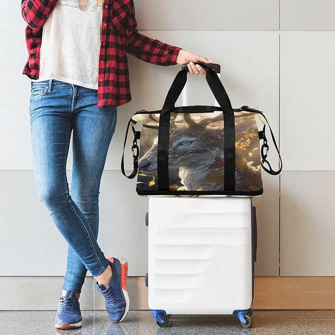 Travel Duffel Bags for Women Golden Autumn Deer Print Sports Duffel Bags Gym Bags with Shoes Compartment Tote Bag Weekender Bag for Travelling