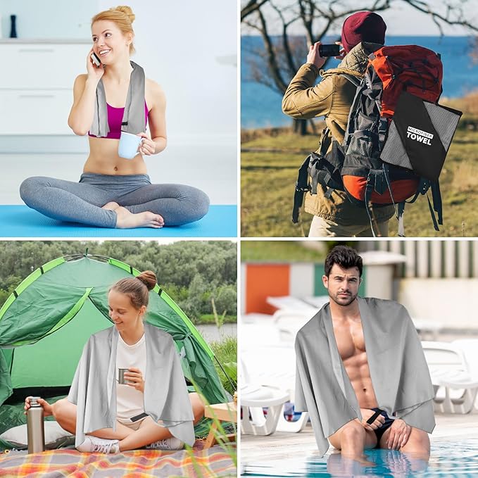 Travel Body Towel L Size Microfiber Quick Dry Lightweight for Men Women Camping Hiking Beach Swimming Pool Hot Yoga Mat Towels(Light Grey, 1 Pack L)