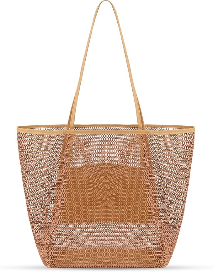 Tavaleu Mesh Beach Bag, Beach Bags for Women, Woven Straw Beach Tote Bag Waterproof with Inner Pocket, Packable Beach Bag