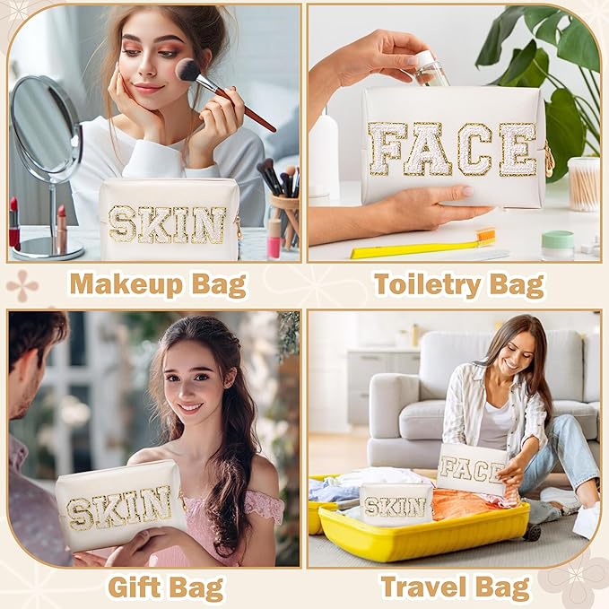 CY2SIDE SKIN Letter Makeup Bag - 2PCS SKIN and FACH Chenille Letter Patch Cosmetic Bag Preppy PU Leather Patch Pouch Waterproof Portable Zipper Travel Organizer Christmas Gifts for Women Girls(White)