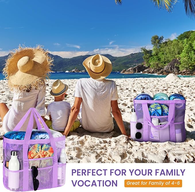 Tavaleu Mesh Beach Bag - Large Beach Tote with Multi Functional Pockets for Family Travel/Vacation