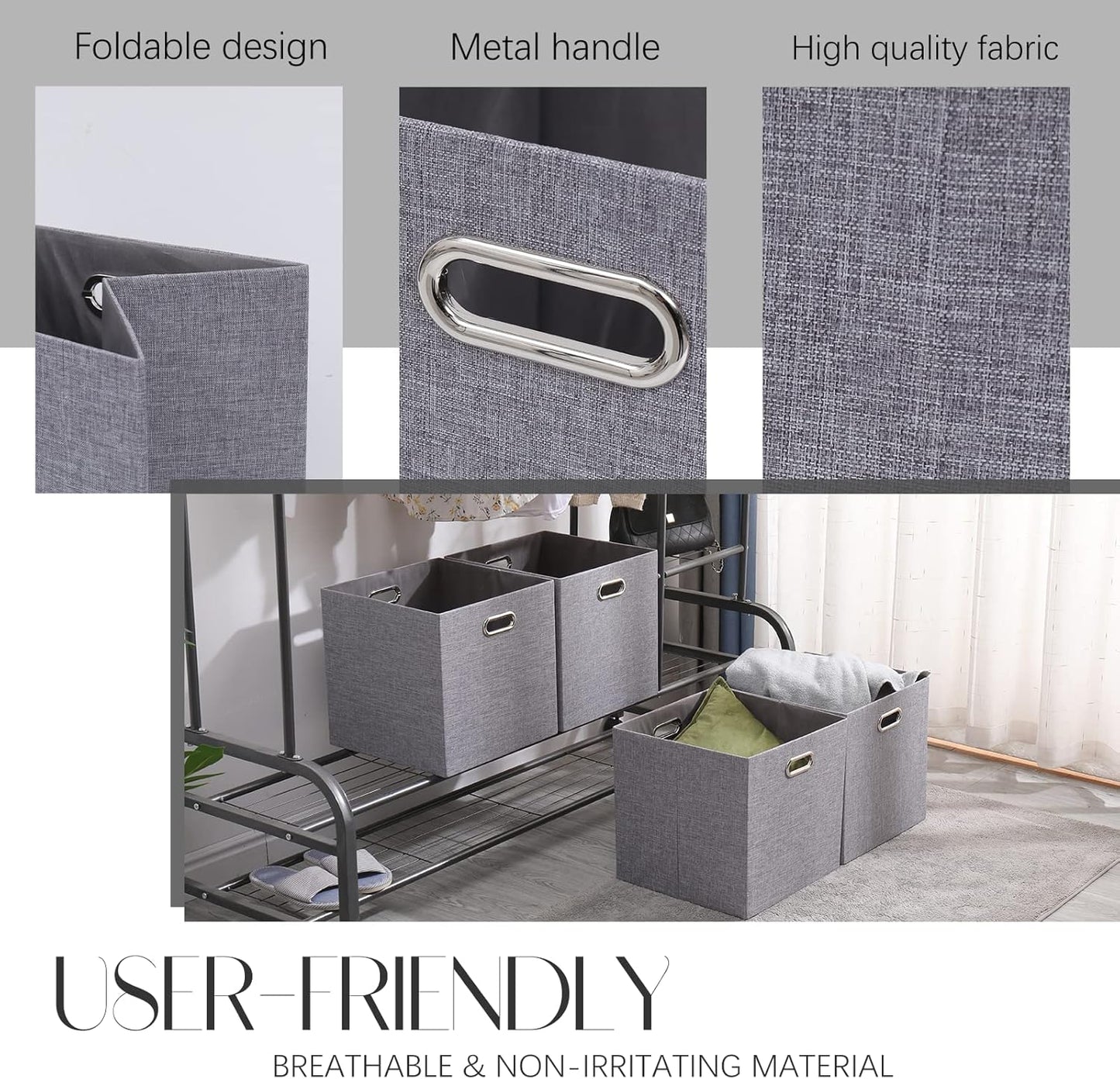 Collapsible Organization Basket Fabric Foldable Box with Handles, 13x13 Cube Storage Bins Set of 4, Thick and Heavy Duty Storage Baskets for Shelves Bedroom Livingroom,Gary