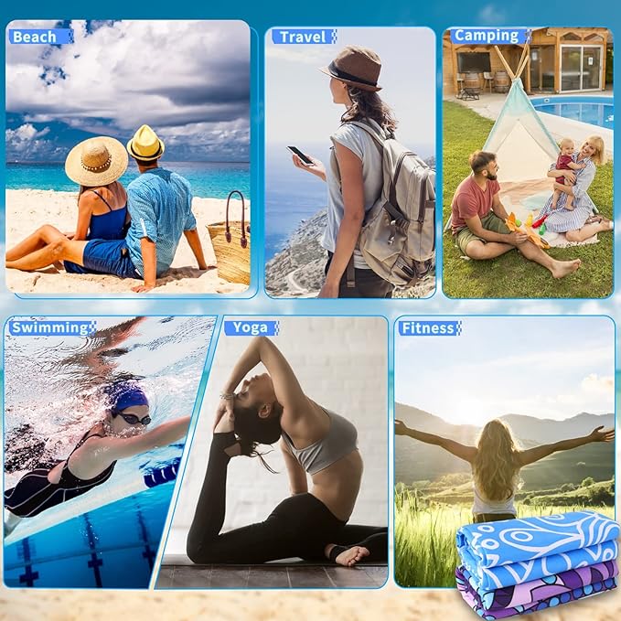 2 Pack Lightweight Thin Beach Towel Oversized 71"x32" Big Extra Large Microfiber Sand Free Towels for Adult Quick Dry Travel Camping Beach Accessories Vacation Essential Gift Blue Shell Flamingo