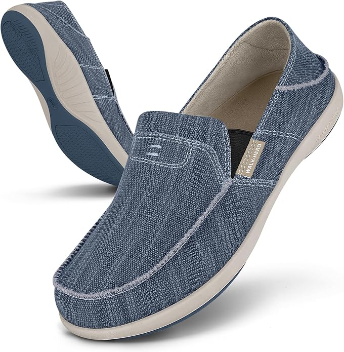 Mens Slip On Shoes, Canvas Mens Loafers with Arch Support, Orthopedic Mens Boat Shoes for Plantar Fasciitis, Indoor & Outdoor Walking Slippers Shoes for Pain Relief