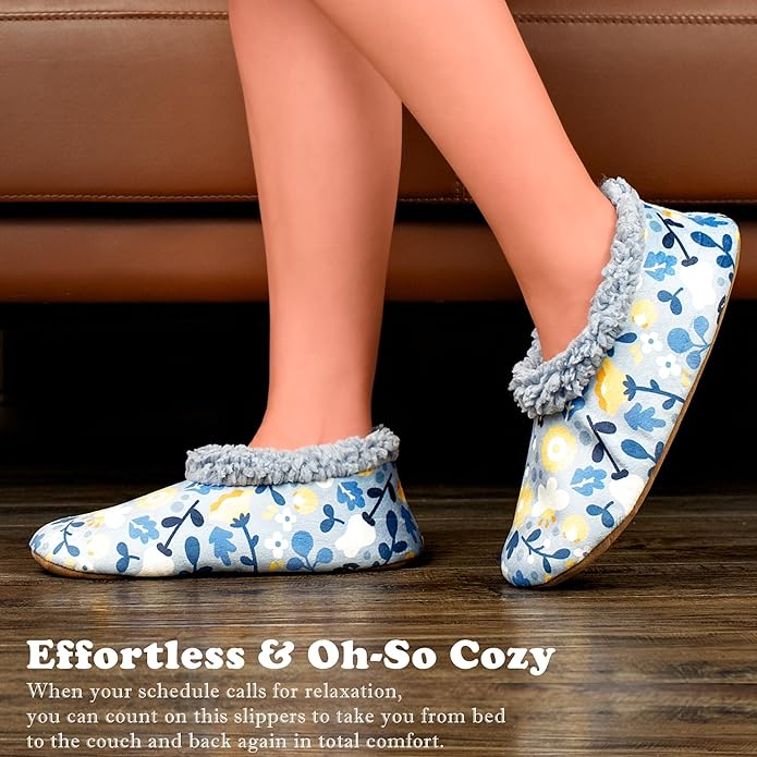 Soft Fuzzy Slippers for Women Indoor, Warm Furry House Sock Shoes Fluffy Lined, Bedroom Booties Non-Slip Gripper Soles, Winter Cozy Christmas Gifts