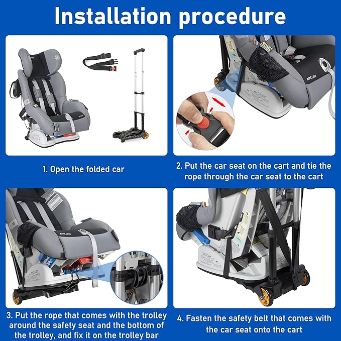 Car Seat Travel Cart with Buckle Webbing for Airport, Carseat Roller Dolly Trolley Luggage Cart, Foldable and Stowable Under Airplane Seat or Over Head Compartment