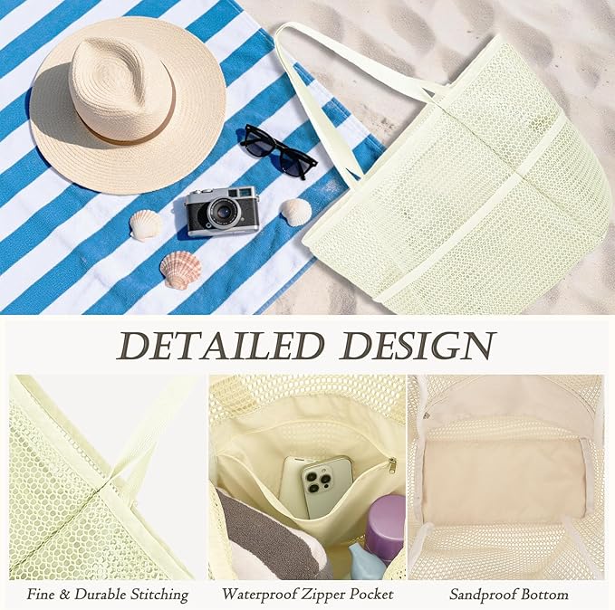 Beach Bag for Women with Outer Pocket, Waterproof Large Tote Bag for Cruise Essentials