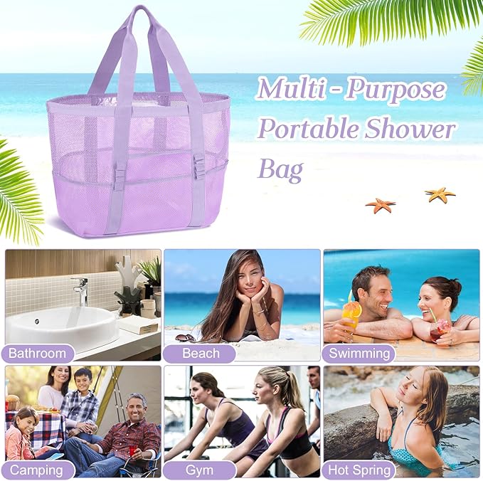 Hillban Large Beach Mesh Bags Bulk for Women Beach Tote Bag with 8 Pocket Zipper Waterproof Sandproof for Pool Cruise Ship