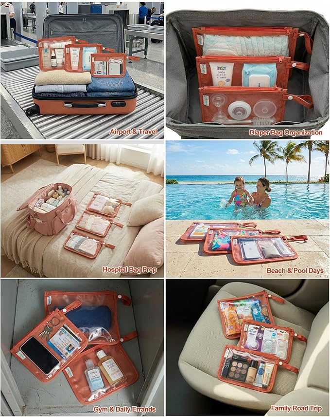 babygoal Clear Travel Organizer Bags 3 Pack, TSA Approved Mess-Proof Pouches with Snap Handle, Water-Resistant Toiletry Essentials for Baby & Mom (Orange)