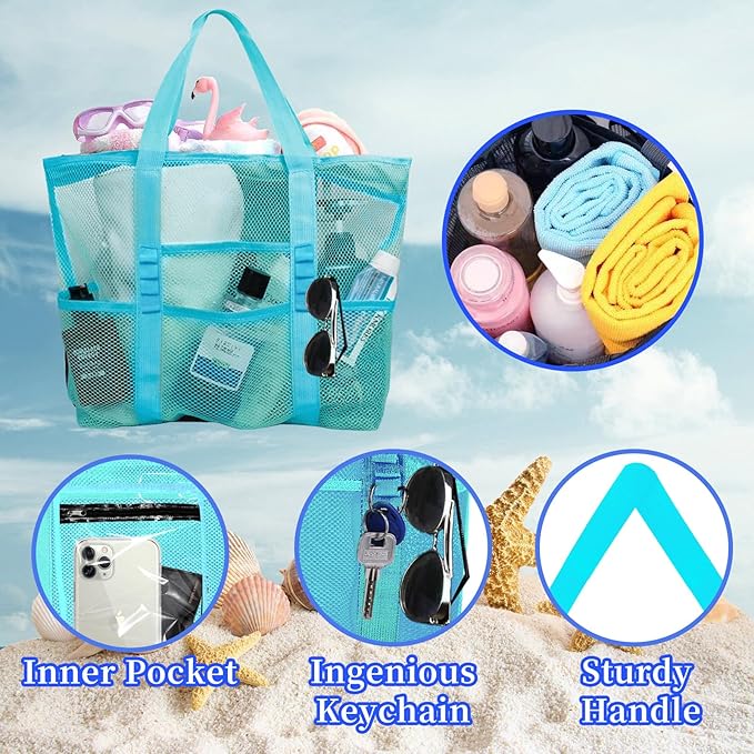 Large Mesh Beach Bag - Lightweight & Foldable Family Beach Bag with 9 Pockets for Toys, Towels & Vacation Essentials
