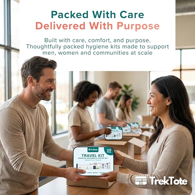 TrekTote 20 Piece Hygiene Kit Bulk, Travel Size Toiletries Set, Homeless Care Package Supplies, Mini Deodorant Shampoo Body Wash Toothbrush Toothpaste Razor Kit, TSA Approved, Clear Bag