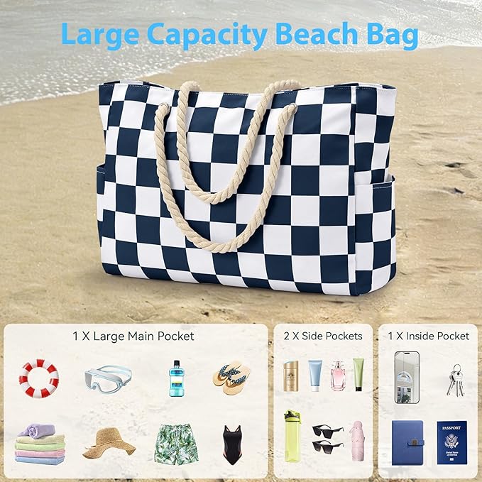 Becokan Beach Bags for Women Checkered Large Beach Tote Bag Zipper Beach Bags Waterproof Sandproof Canvas Swim Pool Bag