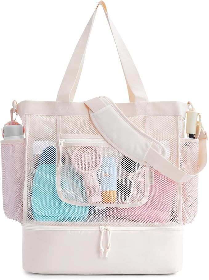 BAGSMART Beach Bag for Women, Mesh Tote Bags with Zipper, Sandproof Vacation Essentials with Cooler for Swim Cruise Pool
